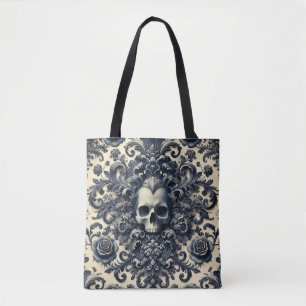 Baroque Punk – Gothic Skull Damask Floral  Tote Bag