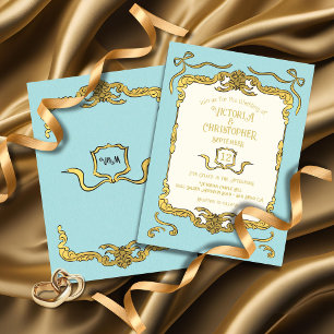 Baroque Regency Faux Gold Blue Bow Wedding Invitation