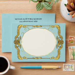 Baroque Regency Faux Gold Blue Envelope