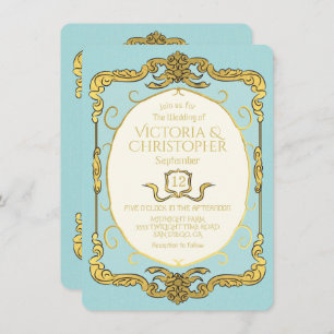 Baroque Regency Faux Gold Blue Wedding Invitation
