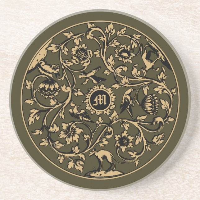 Baroque Rococo Birds Animals Floral Monogram Print Coaster (Front)
