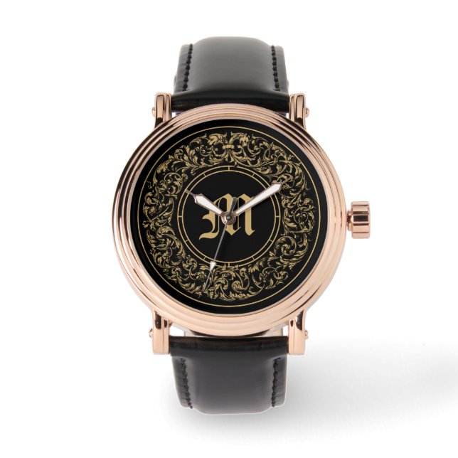 Baroque Rococo Floral Wreath Monogram Print Watch (Front)