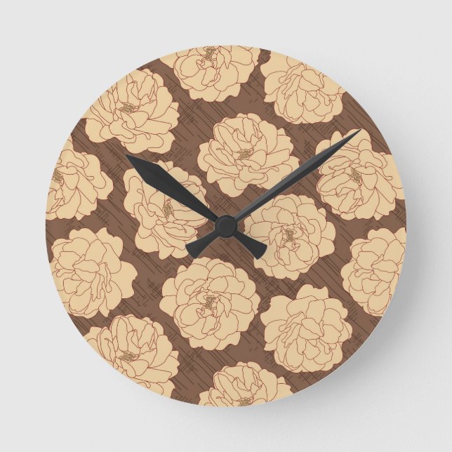 Baroque Roses on walnut brown - seamless pattern.  Round Clock (Front)