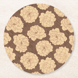 Baroque Roses on walnut brown - seamless pattern. Round Paper Coaster