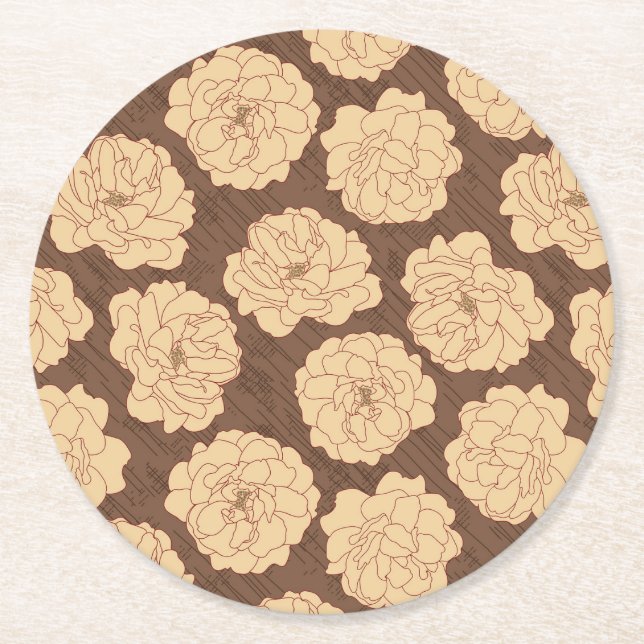 Baroque Roses on walnut brown - seamless pattern.  Round Paper Coaster (Front)