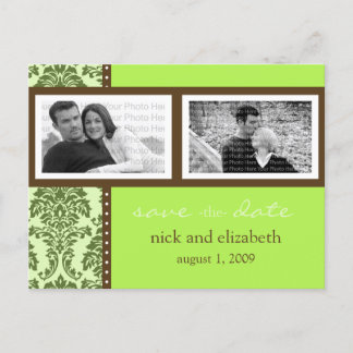 Baroque Seagrass Brown Two-Photo Save the Date Announcement Postcard