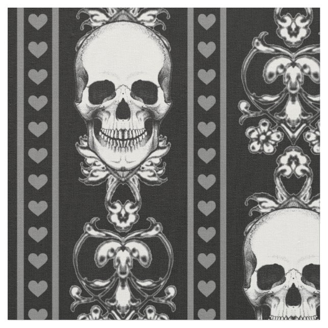 Baroque Skull Stripe Pattern Black And White Fabric (Close Up)