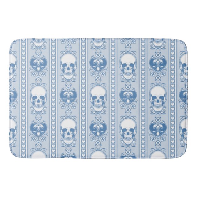 Baroque Skull Stripe Pattern Blue Bath Mat (Front)