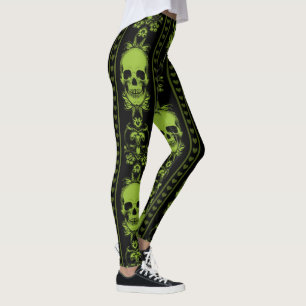 Baroque Skull Stripe Pattern Green Leggings