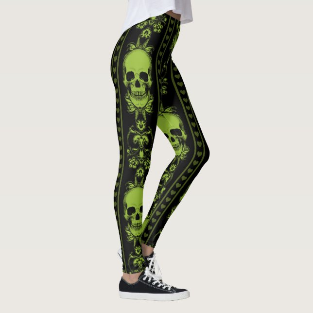 Baroque Skull Stripe Pattern Green Leggings (Right)