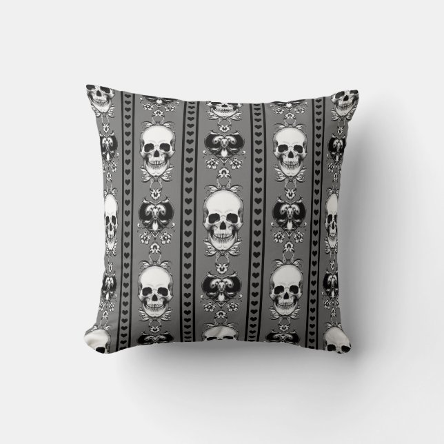 Baroque Skull Stripe Pattern Grey Cushion (Front)