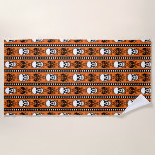 Baroque Skull Stripe Pattern Orange Black Beach Towel