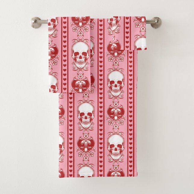 Baroque Skull Stripe Pattern Pink Red Bath Towel Set (Insitu)