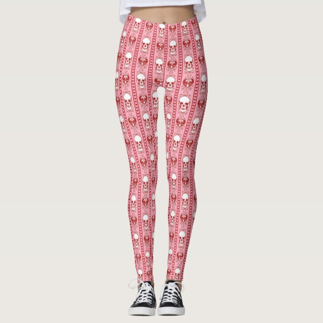 Baroque Skull Stripe Pattern Pink Red Leggings (Front)