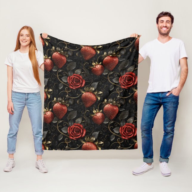 Baroque Strawberries and Roses Seamless Pattern Fleece Blanket (In Situ)