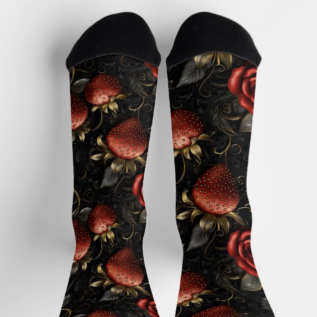 Baroque Strawberries and Roses Seamless Pattern Socks (Top)