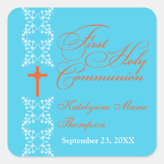 Baroque Strip Cyan First Holy Communion Square Sticker