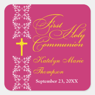 Baroque Strip Fuchsia First Holy Communion Square Sticker