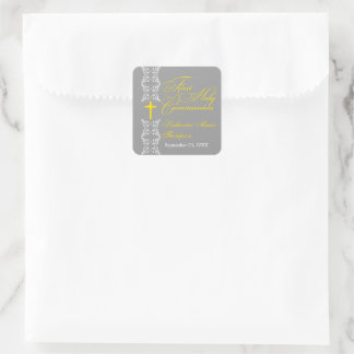 Baroque Strip Grey First Holy Communion Square Sticker