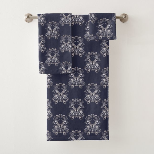 baroque style floral navy pattern. bath towel set (Insitu)