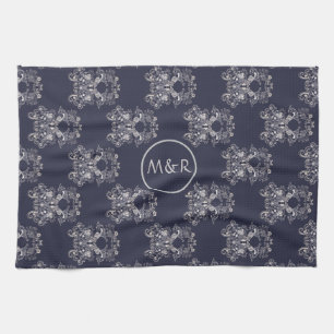 baroque style floral navy pattern. Monogram. Towel