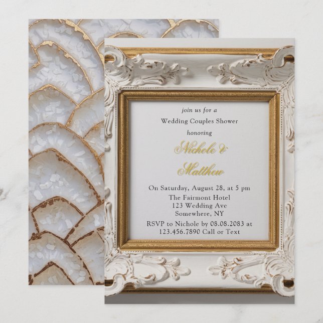 Baroque Style White Gold Wedding Couples Shower Invitation (Front/Back)