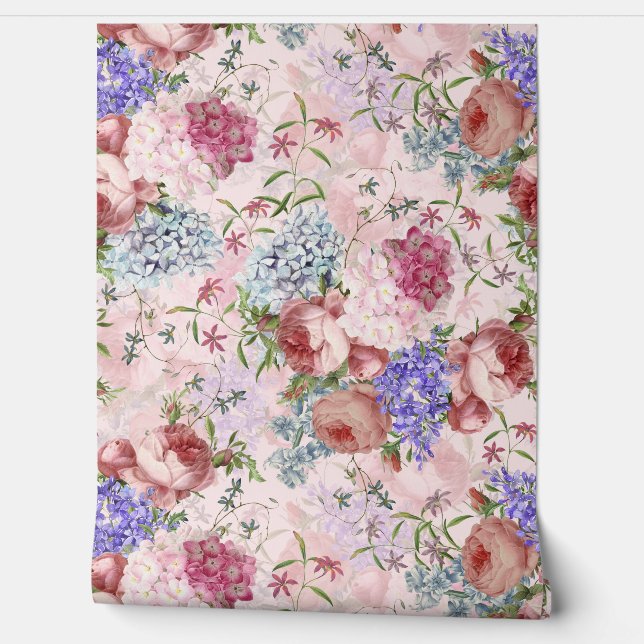 Baroque summer roses vintage floral garden wallpaper (Unrolling)