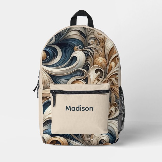 Baroque Swirl Pattern in Blue & Gold Printed Backpack (Front)