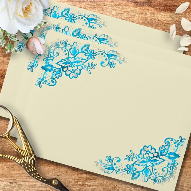 Baroque Vintage Mexican Gold Lace Wedding RSVP  Envelope (Antique-style envelope with ornate blue scrolls and lace corners, perfect for refined weddings.)