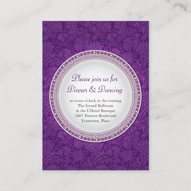 Baroque Violet Plaque Wedding Reception Card (Front)