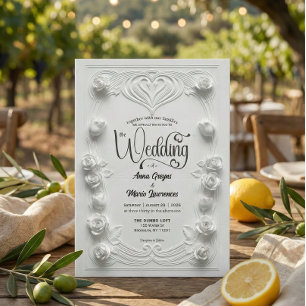 Baroque White Rose Faux 3D Embossed Formal Wedding Invitation