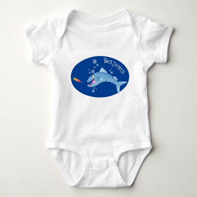 Barracuda fish hungry fishing cartoon illustration baby bodysuit (Front)