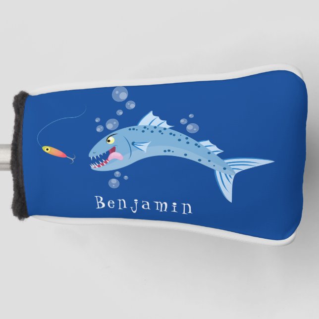 Barracuda fish hungry fishing cartoon illustration golf head cover (Front)