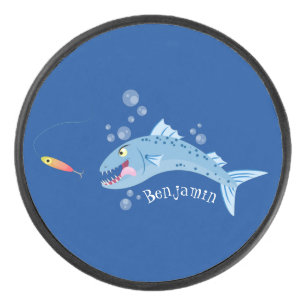 Barracuda fish hungry fishing cartoon illustration hockey puck