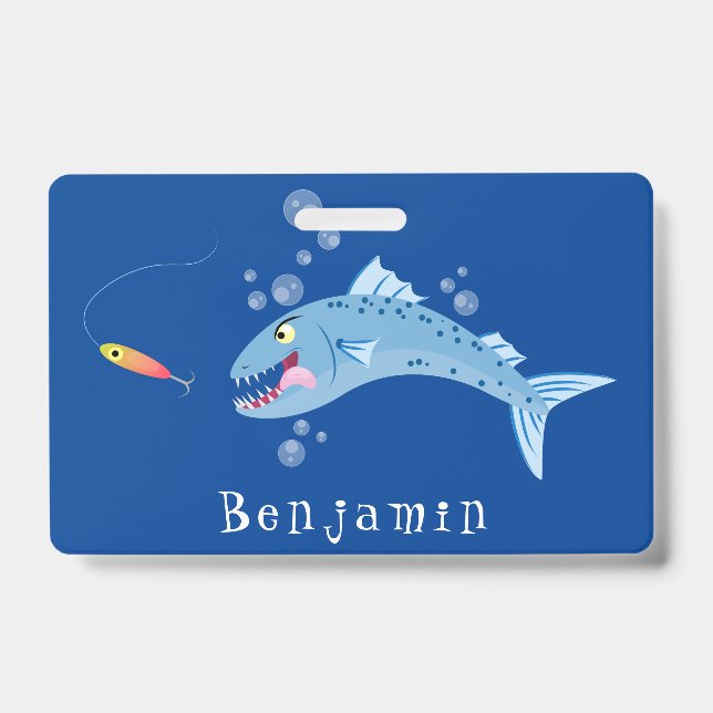 Barracuda fish hungry fishing cartoon illustration ID badge (Front)