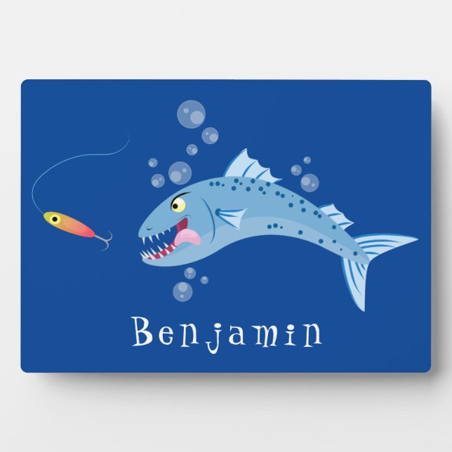 Barracuda fish hungry fishing cartoon illustration plaque (Front)