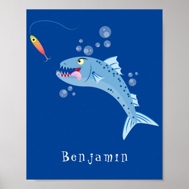 Barracuda fish hungry fishing cartoon illustration poster (Front)