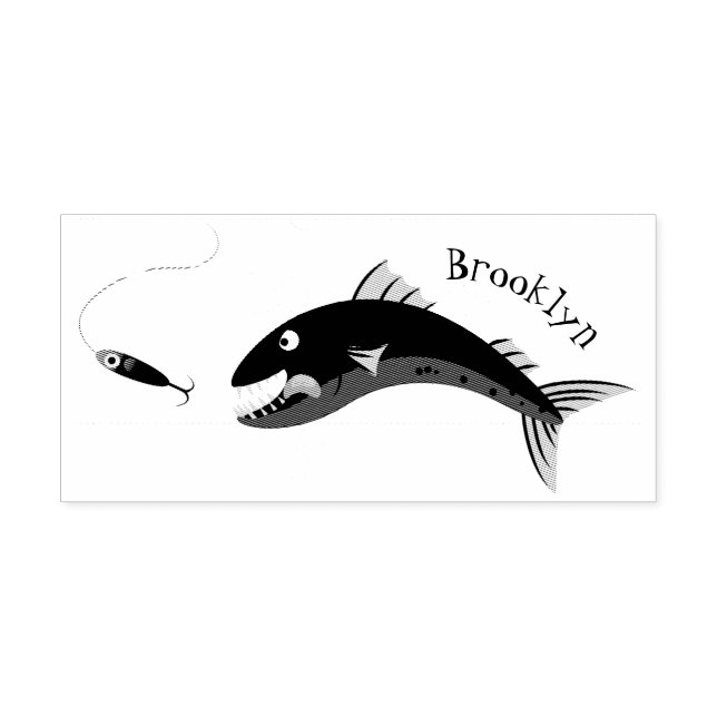 Barracuda fish hungry fishing cartoon illustration rubber stamp (Imprint)