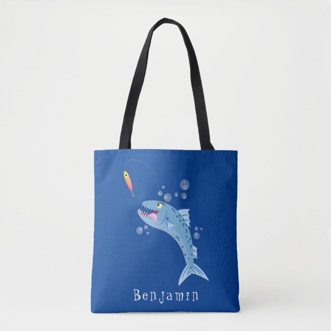 Barracuda fish hungry fishing cartoon illustration tote bag (Front)