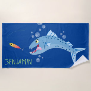 Barracuda hungry fishing cartoon illustration beach towel