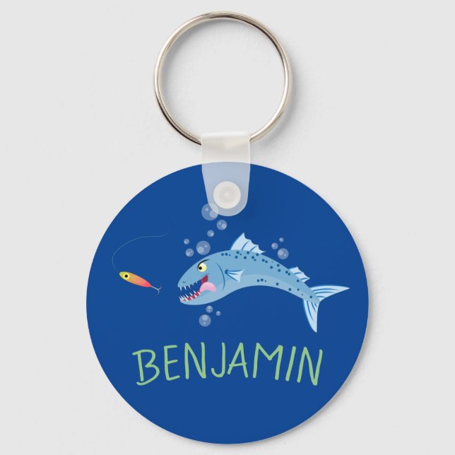 Barracuda hungry fishing cartoon illustration key ring (Front)