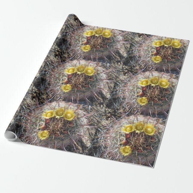 Barrel Cactus Plant Fishhook Yellow Wrapping Paper (Unrolled)