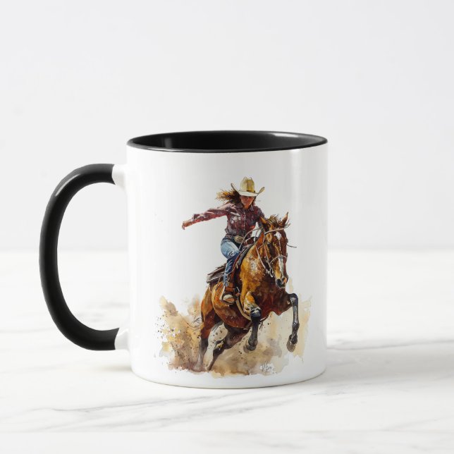 Barrel racing girl and horse in competition. mug (Left)