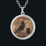 Barrel Racing Girl Silhouette on a Grunge Texture Silver Plated Necklace<br><div class="desc">Exciting and rustic rodeo themed illustration. Silhouette of a cowgirl barrel racing with her horse. Background is a rough weathered brown and red toned earthy grunge texture. Great for rodeo enthusiasts and horse lovers.</div>