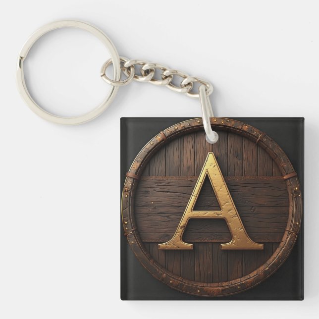 Barrel Wood Monogram A Initial Badge Frame 🔑 Key Ring (Front)