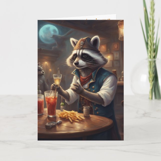 Bartender birthday funny whimsical racoon card (Front)
