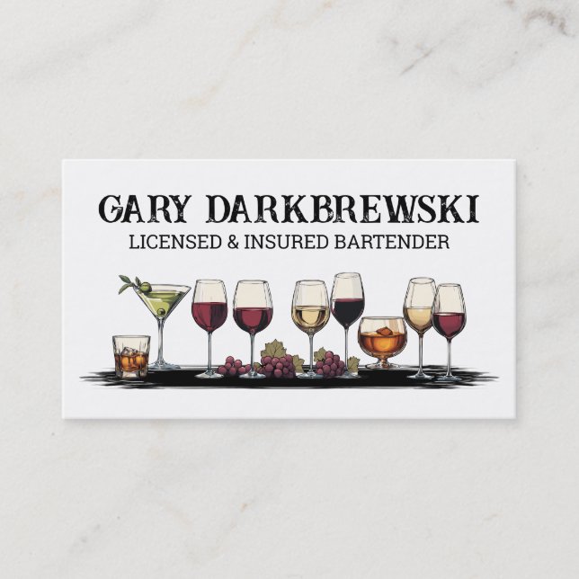 bartender drinks wine martini brandy glasses business card (Front)