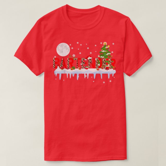 Bartender Xmas Tree Light Leopard Santa Hat Reinde T-Shirt (Design Front)