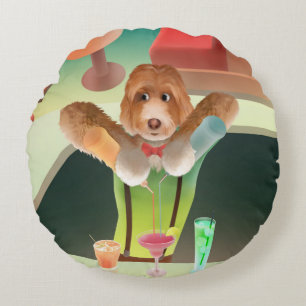 Bartending Dog in Retro Bar Round Cushion