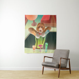 Bartending Dog in Retro Bar Tapestry